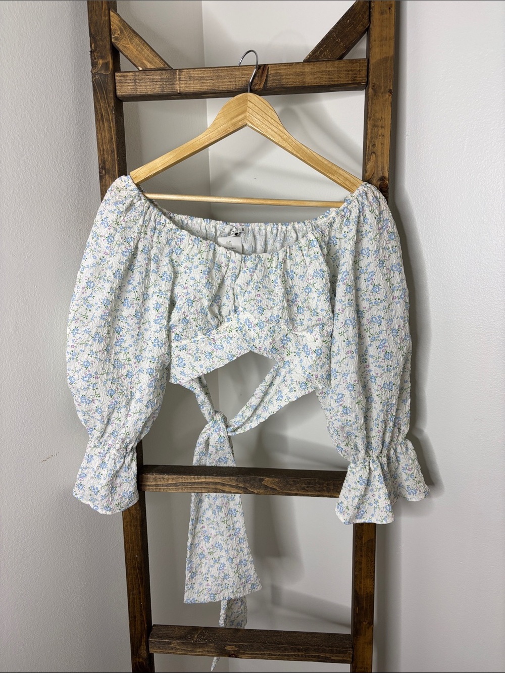 HYFVE White Crop Top with Blue Floral Print Size S
